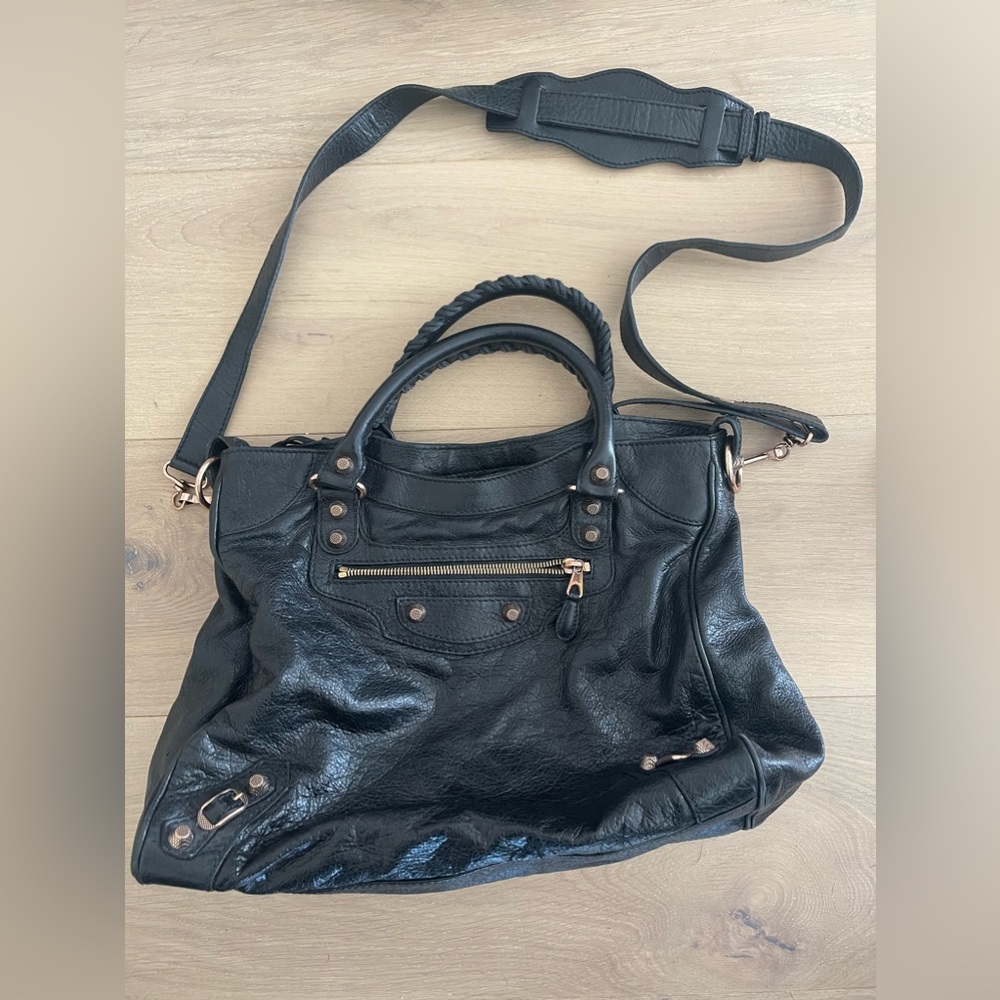 SOLD Balenciaga velo black leather with rose gold hardware bag
